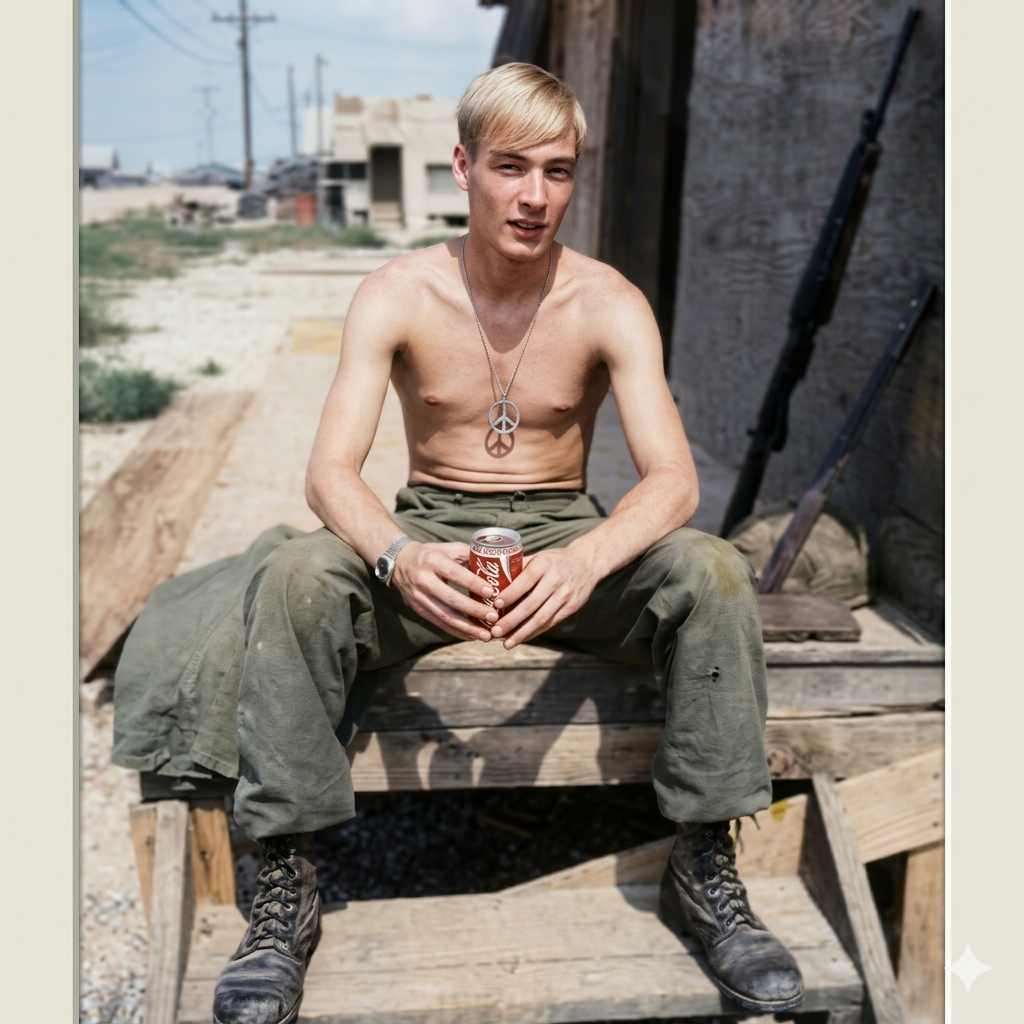 Photo of Vietnam War veteran James Raab in Vietnam era fatigues sitting on a pallet shirtless with dog tags hanging on chest.