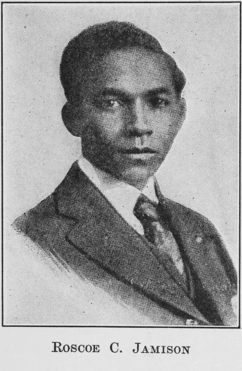 Black and white drawing of Roscoe C. Jamison in a dress shirt, suit jacket and tie, from the shoulders up.